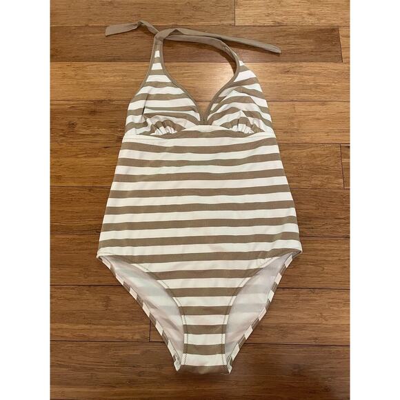 PEZ D'OR BARCELONA MATERNITY GOLD AND WHITE STRIPE BATHING SUIT, SMALL 6/8 - Picture 1 of 5